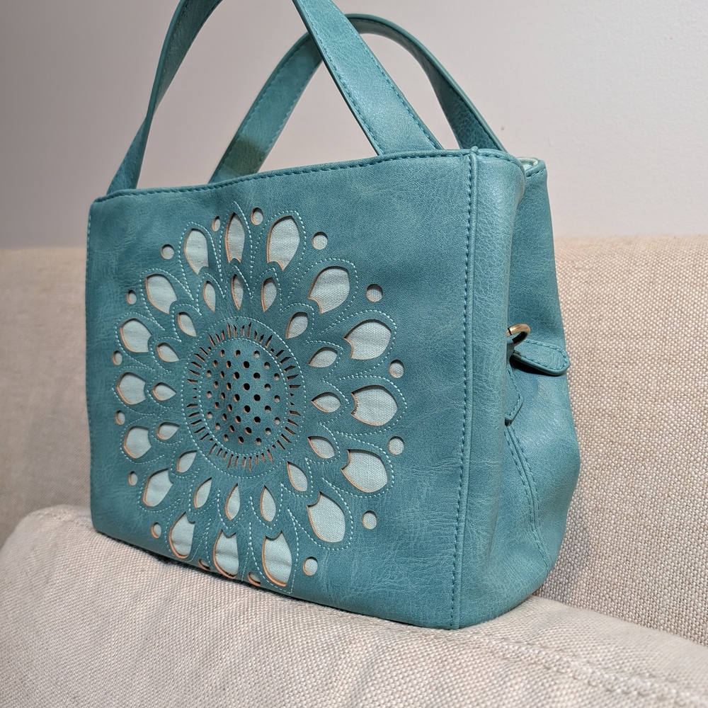 Joy Susan Teal Laser-Cut Floral Tote - Picture 2 of 6